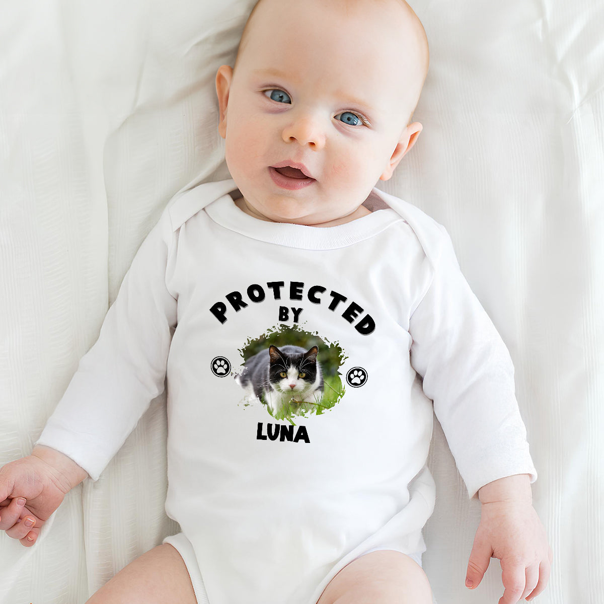 Personalized Custom Long Sleeve Baby Onesie with 'Human Protected By Cats' Photo