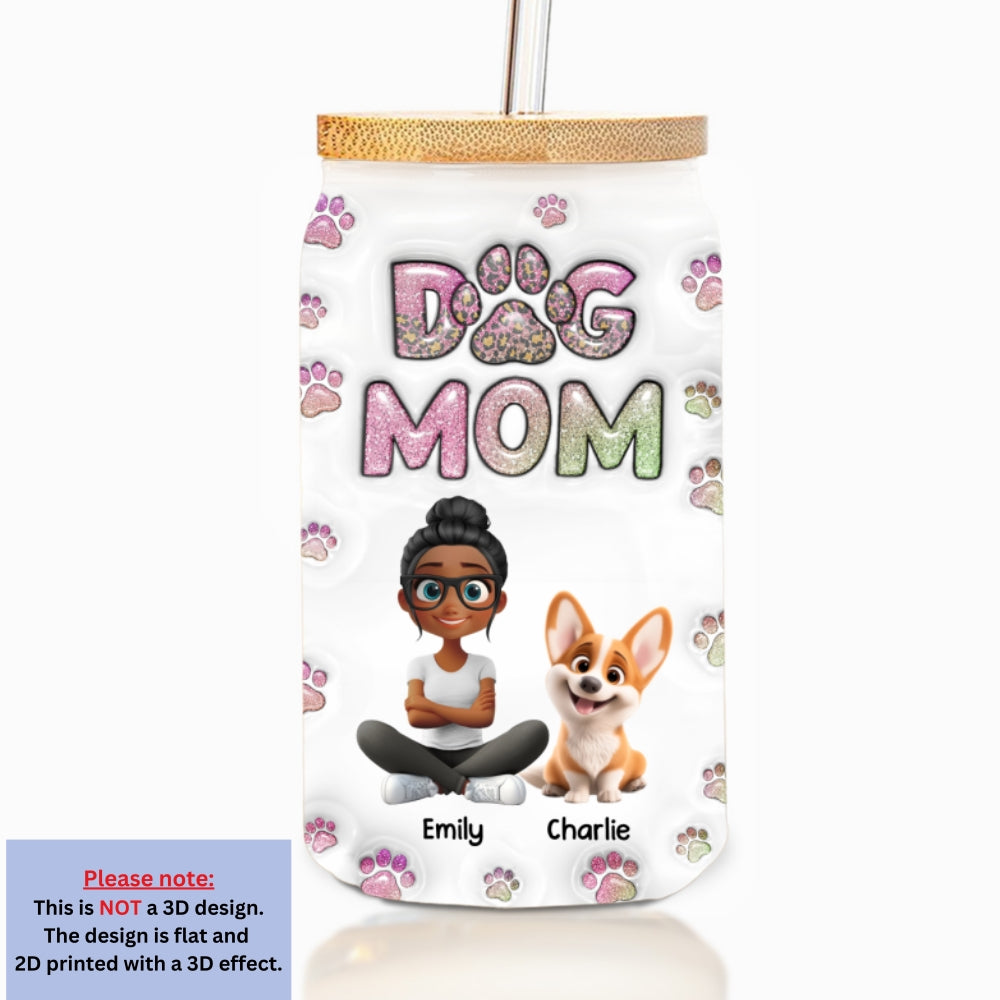 Personalized Dog Mom Chibi 3D Inflated Effect Glass Can for Daily Sipping