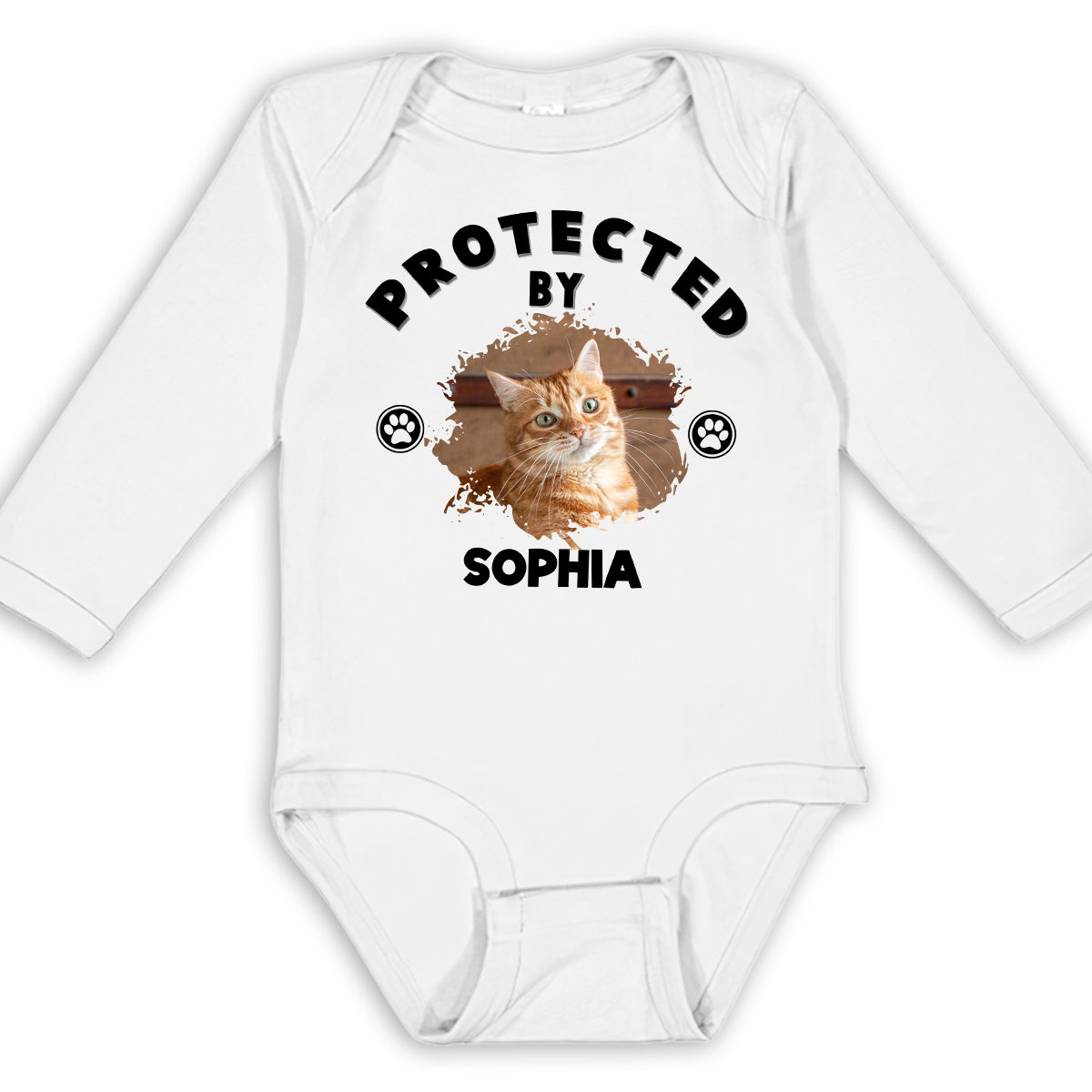 Personalized Custom Long Sleeve Baby Onesie with 'Human Protected By Cats' Photo
