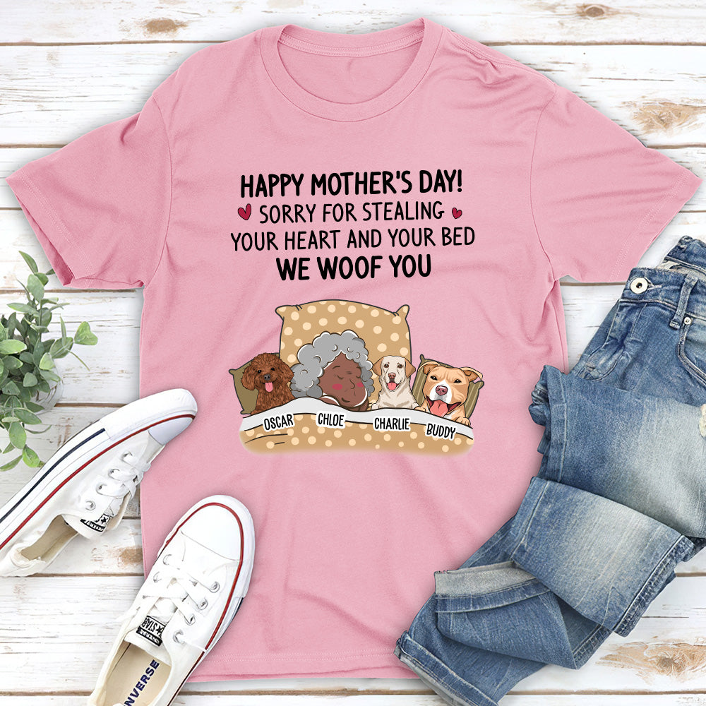 Apologetic Pet Lover's Personalized Unisex T-shirt: Sorry for Stealing Your Bed