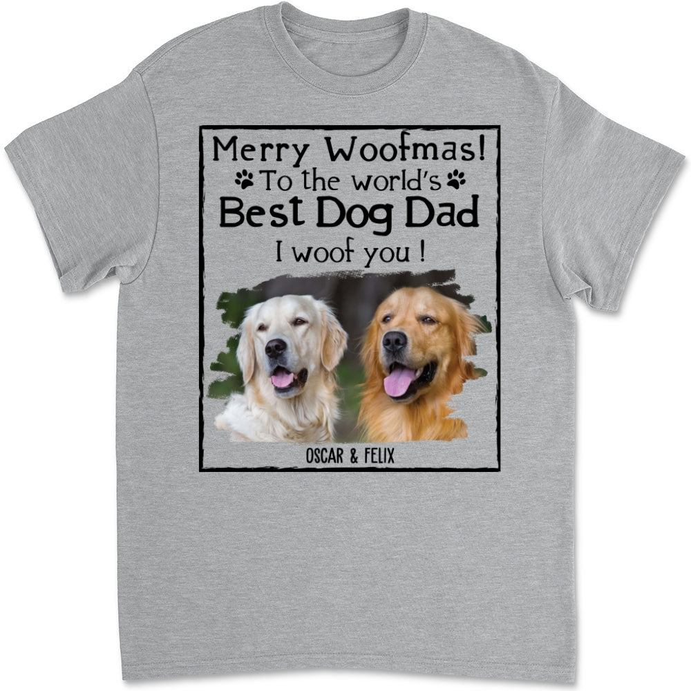 Customizable Woof Dog Dad Mom Christmas Photo Unisex T-shirt - Ideal Gift for Pet Lovers