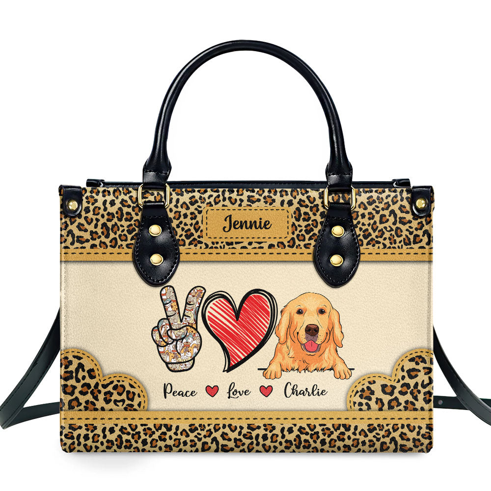 Peace Love Dog Leopard - Customizable Personalized Leather Handbag