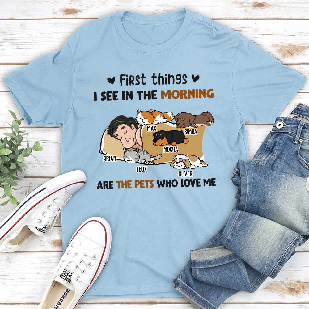 Morning First Thing Personalized Custom Unisex Pet Lover T-shirt