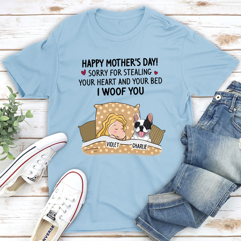 Apologetic Pet Lover's Personalized Unisex T-shirt: Sorry for Stealing Your Bed