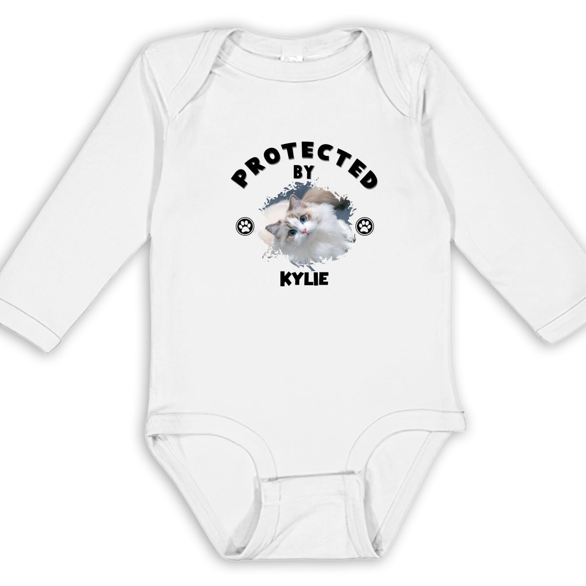 Personalized Custom Long Sleeve Baby Onesie with 'Human Protected By Cats' Photo