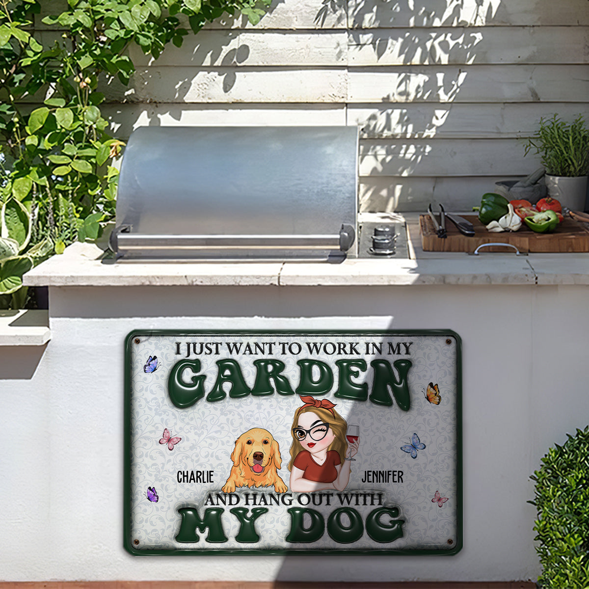 Personalized Custom 3D Inflated Effect Metal Sign - Gardening with Dog for Garden Enthusiasts