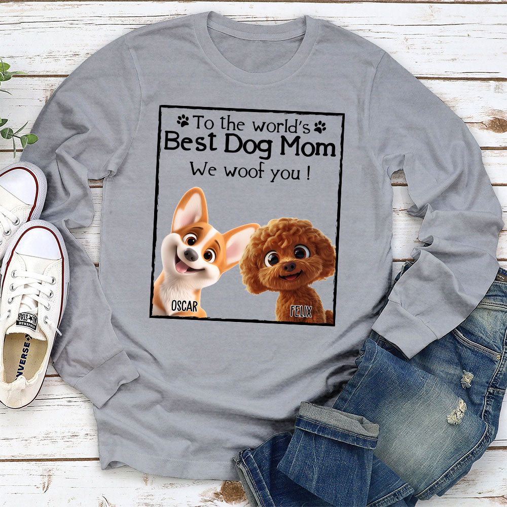 Personalized Custom Woof Best Dog Mom Dad Cartoon Long Sleeve T - Shirt for Pet Lovers