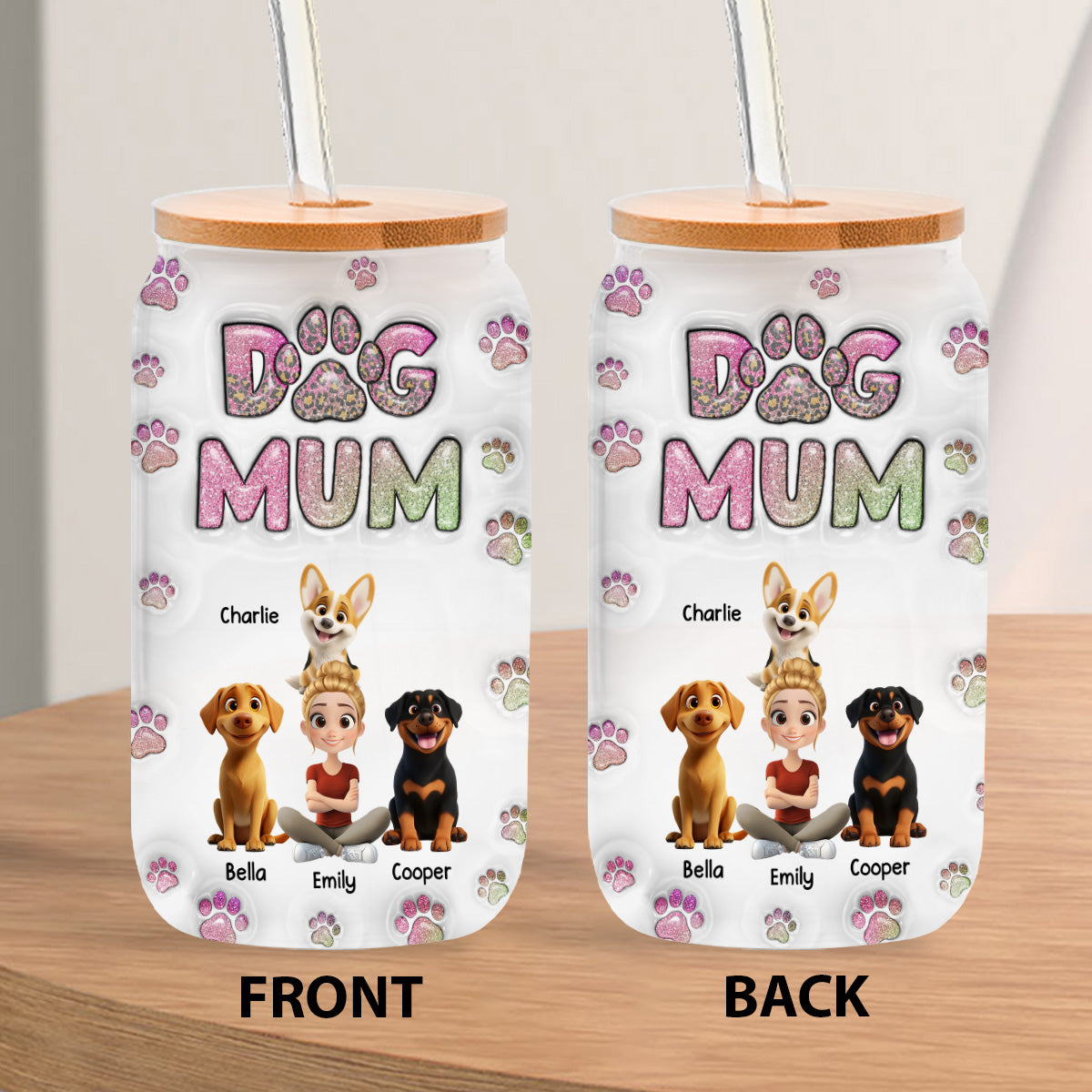 Personalized Dog Mom Chibi 3D Inflated Effect Glass Can for Daily Sipping
