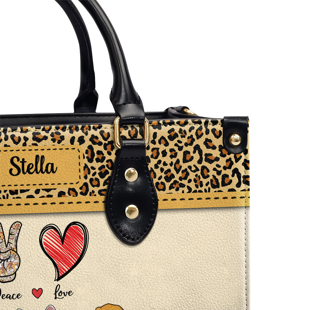 Peace Love Dog Leopard - Customizable Personalized Leather Handbag
