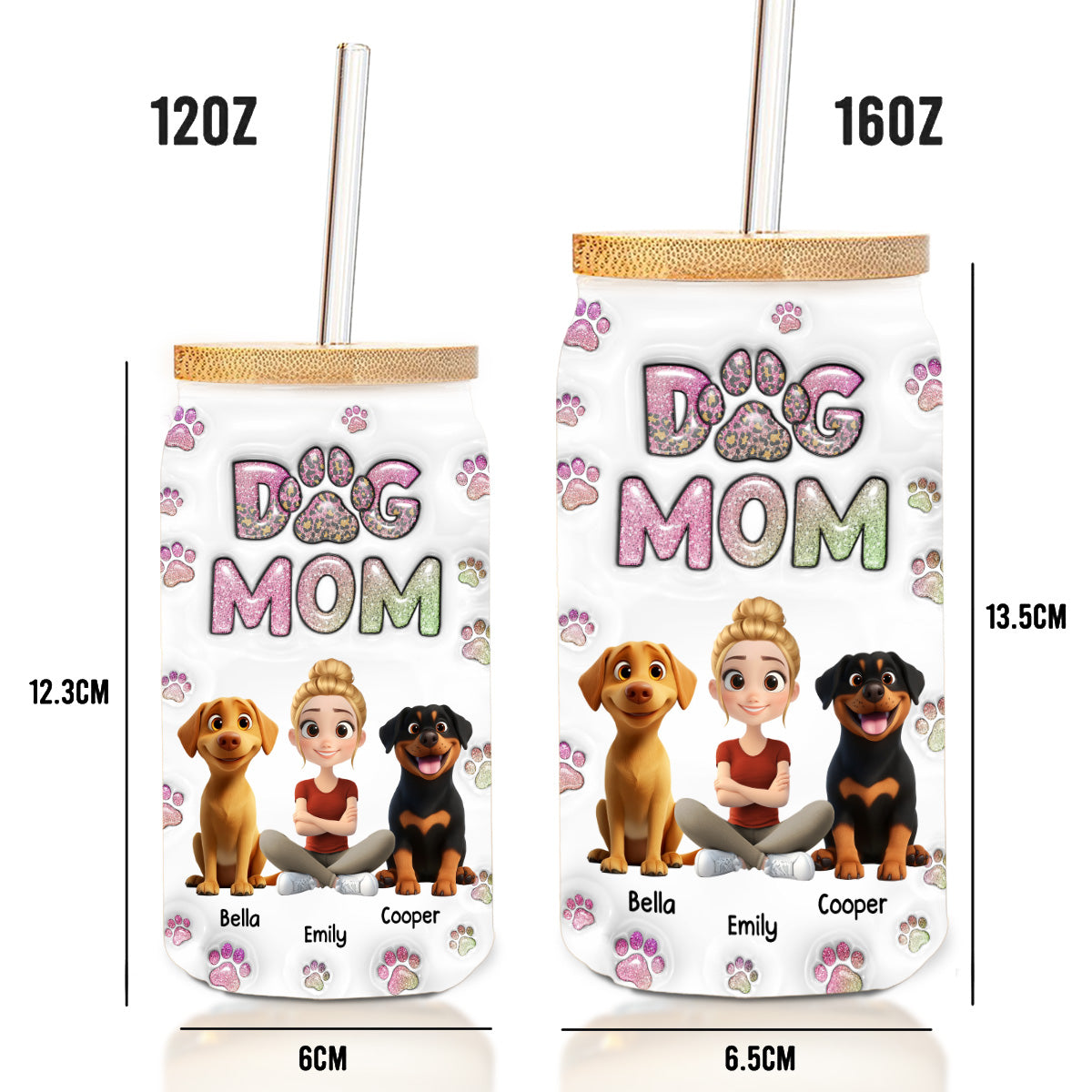 Personalized Dog Mom Chibi 3D Inflated Effect Glass Can for Daily Sipping