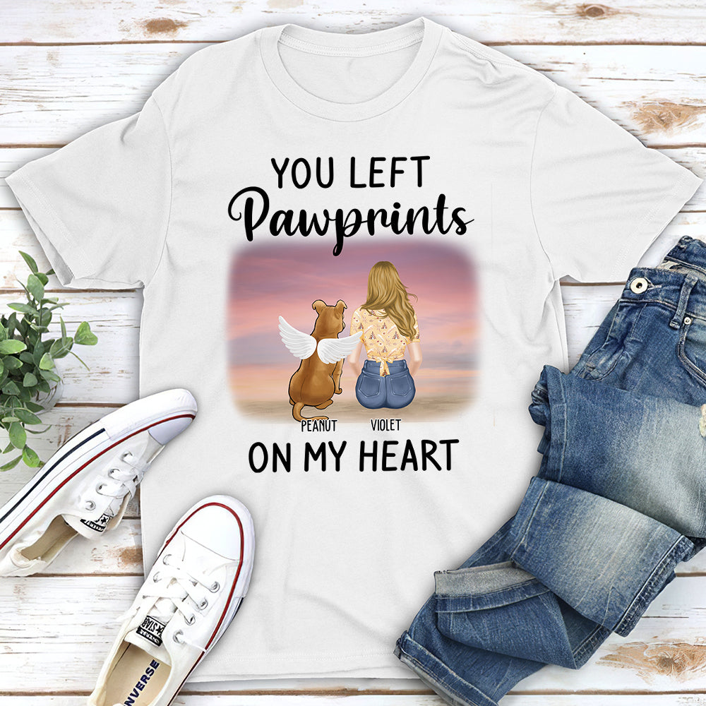 Personalized Left Pawprints on My Heart Unisex Memorial T - shirt for Pet Lovers