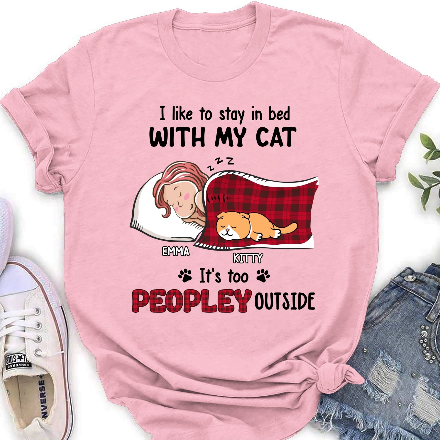 Personalized Custom Women's 'Like To Stay In Bed Cat' T-shirt - Ideal Gift for Pet Lovers