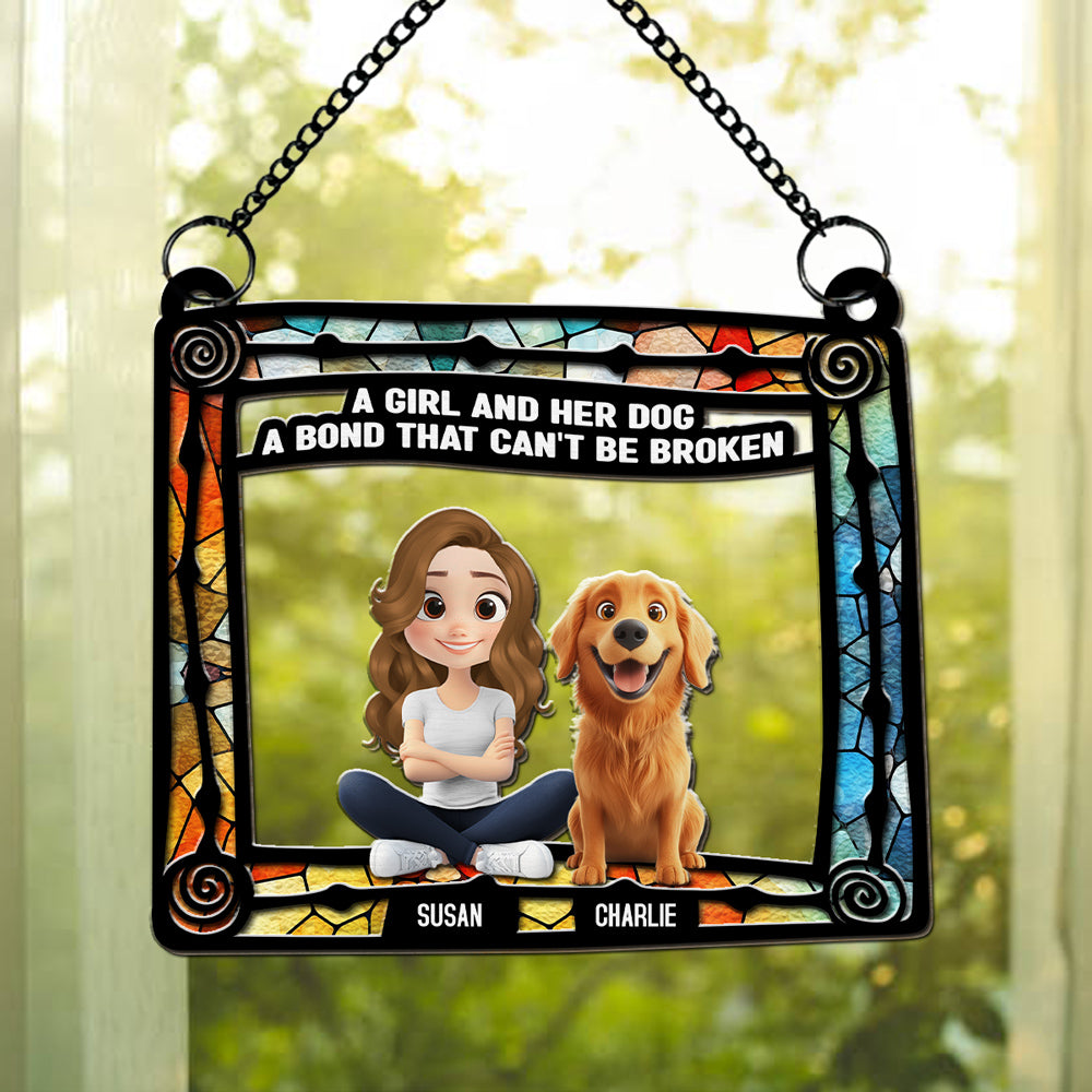 Personalized Dog And Girl Sitting In Frame Suncatcher - Ideal Home Decor & Gift