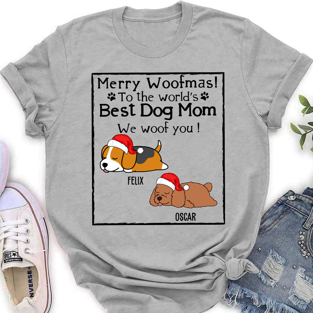 Personalized Christmas Woof Dog Mom and Dad Women's T-shirt - Ideal Gift for Pet Lovers