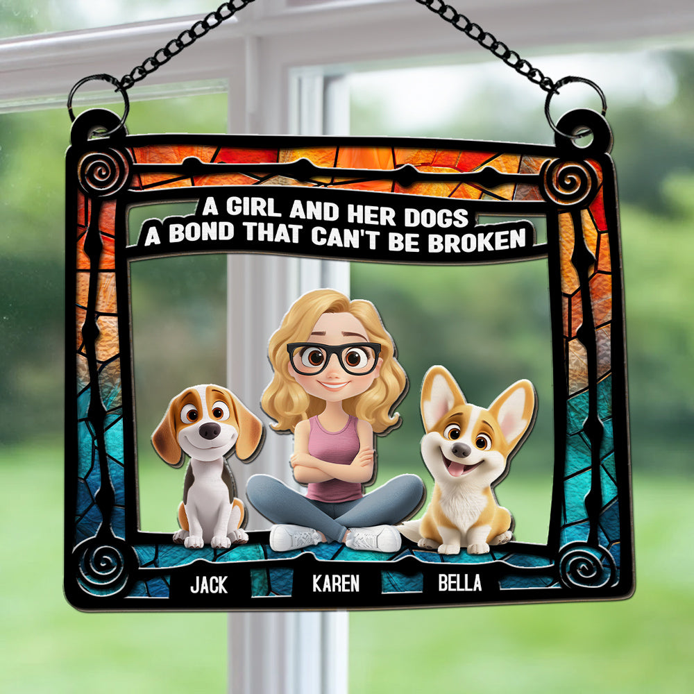 Personalized Dog And Girl Sitting In Frame Suncatcher - Ideal Home Decor & Gift