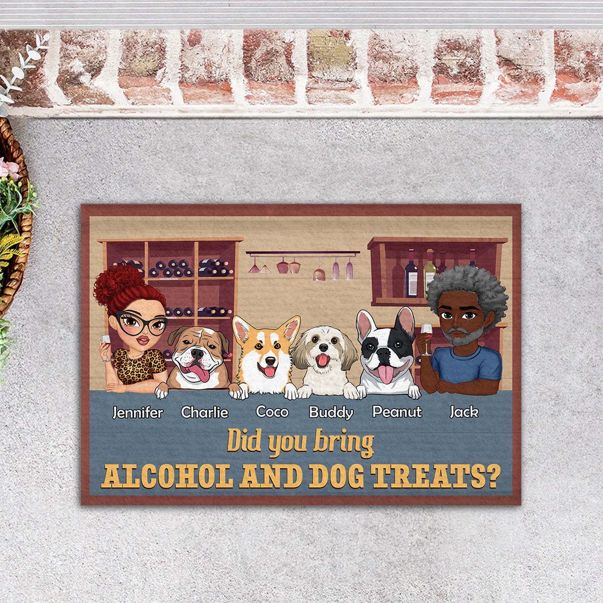 Personalized Custom Doormat: A Warm Welcome for Pet Lovers with Alcohol and Dog Treats Message