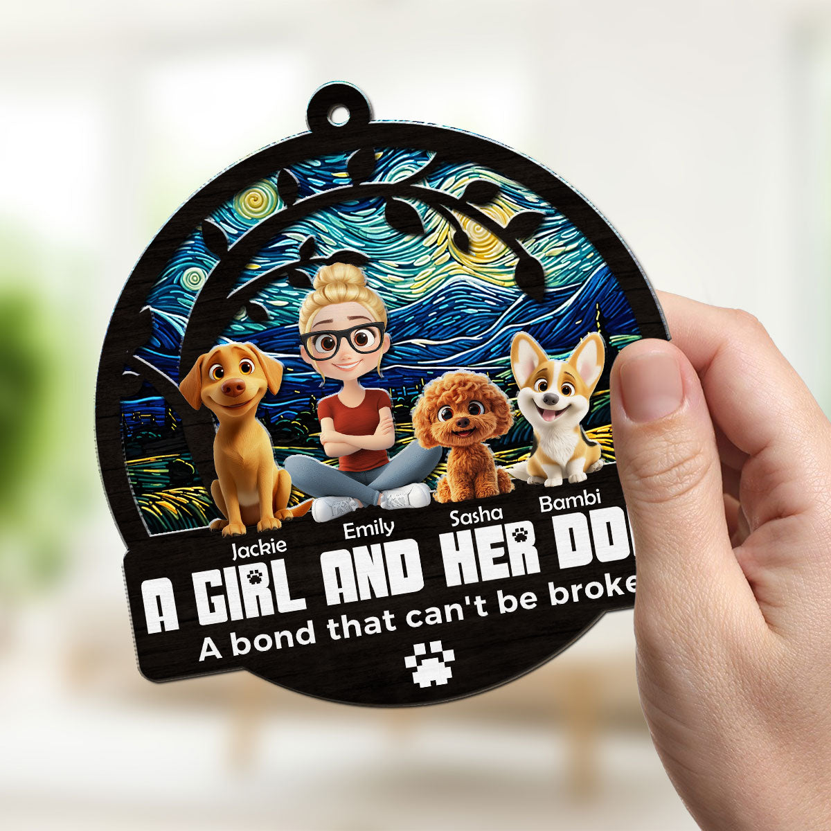 Personalized Custom Suncatcher: A Girl and Her Adorable Dogs