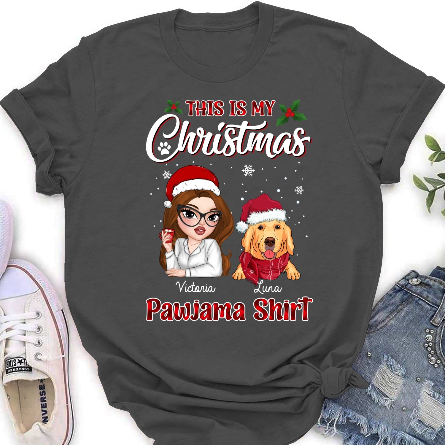 Personalized Christmas Pawjama Women's T-shirt - Ideal Gift for Pet Lovers