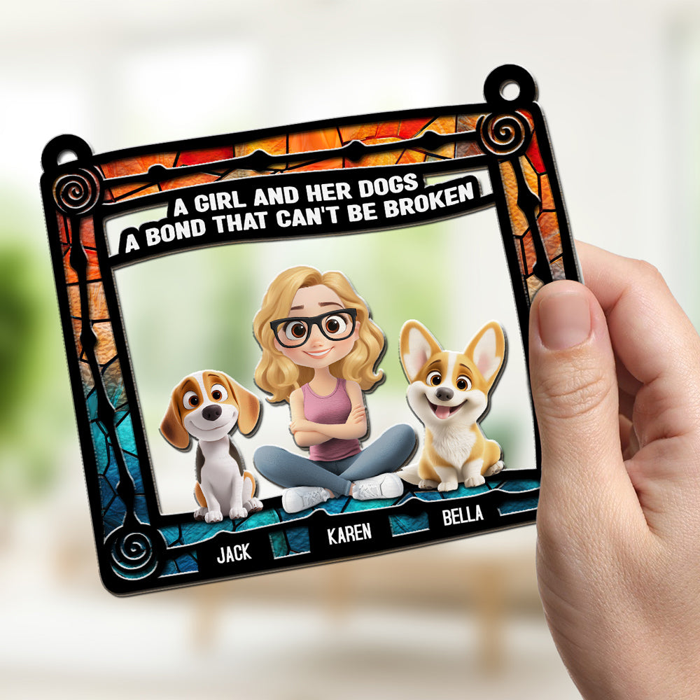 Personalized Dog And Girl Sitting In Frame Suncatcher - Ideal Home Decor & Gift