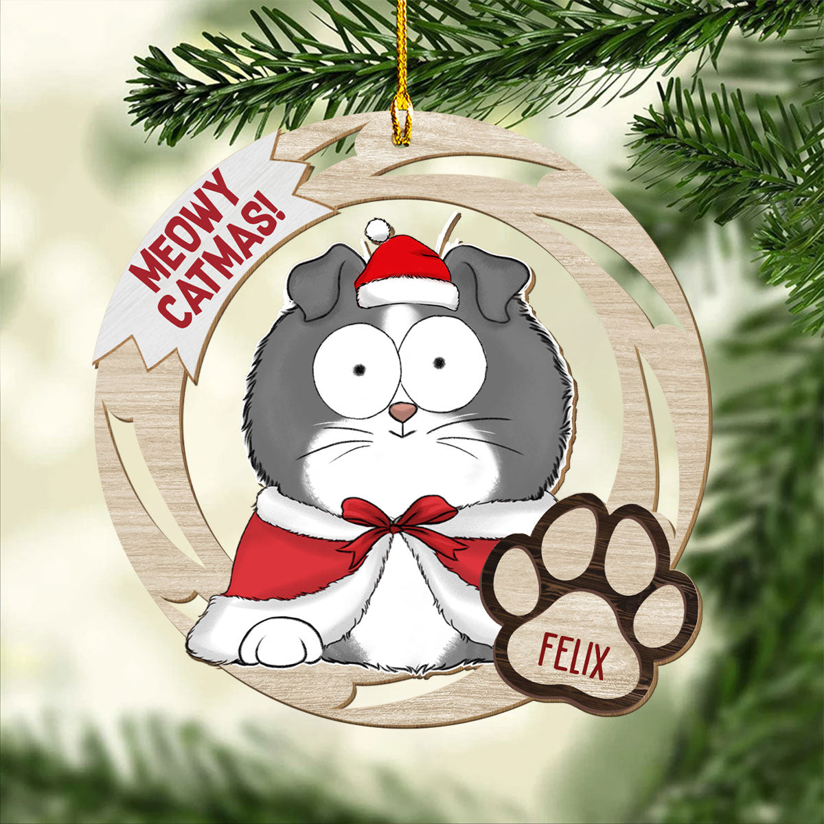 Meowy Catmas - Customizable Single - Layered Personalized Wood Christmas Ornament
