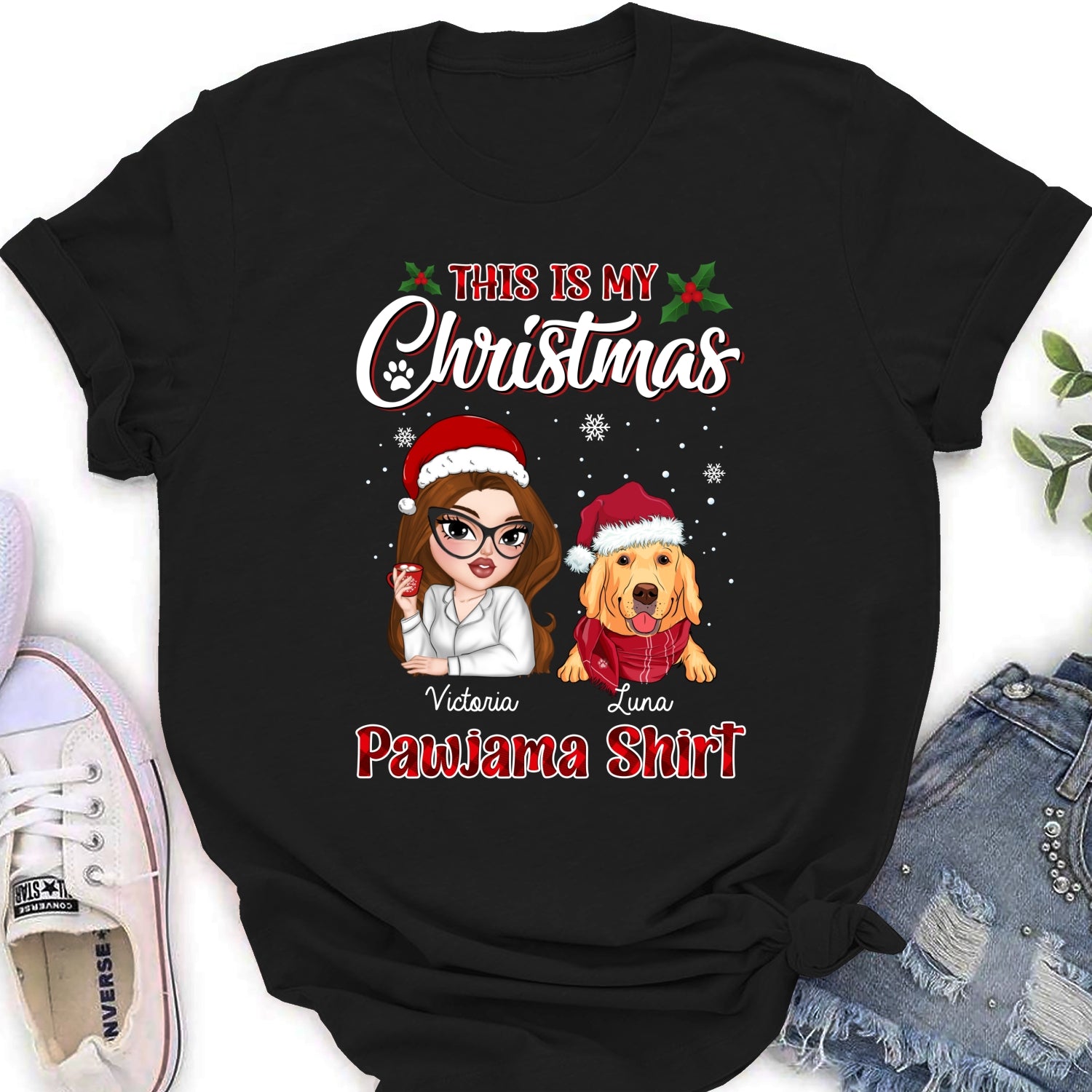 Personalized Christmas Pawjama Women's T-shirt - Ideal Gift for Pet Lovers