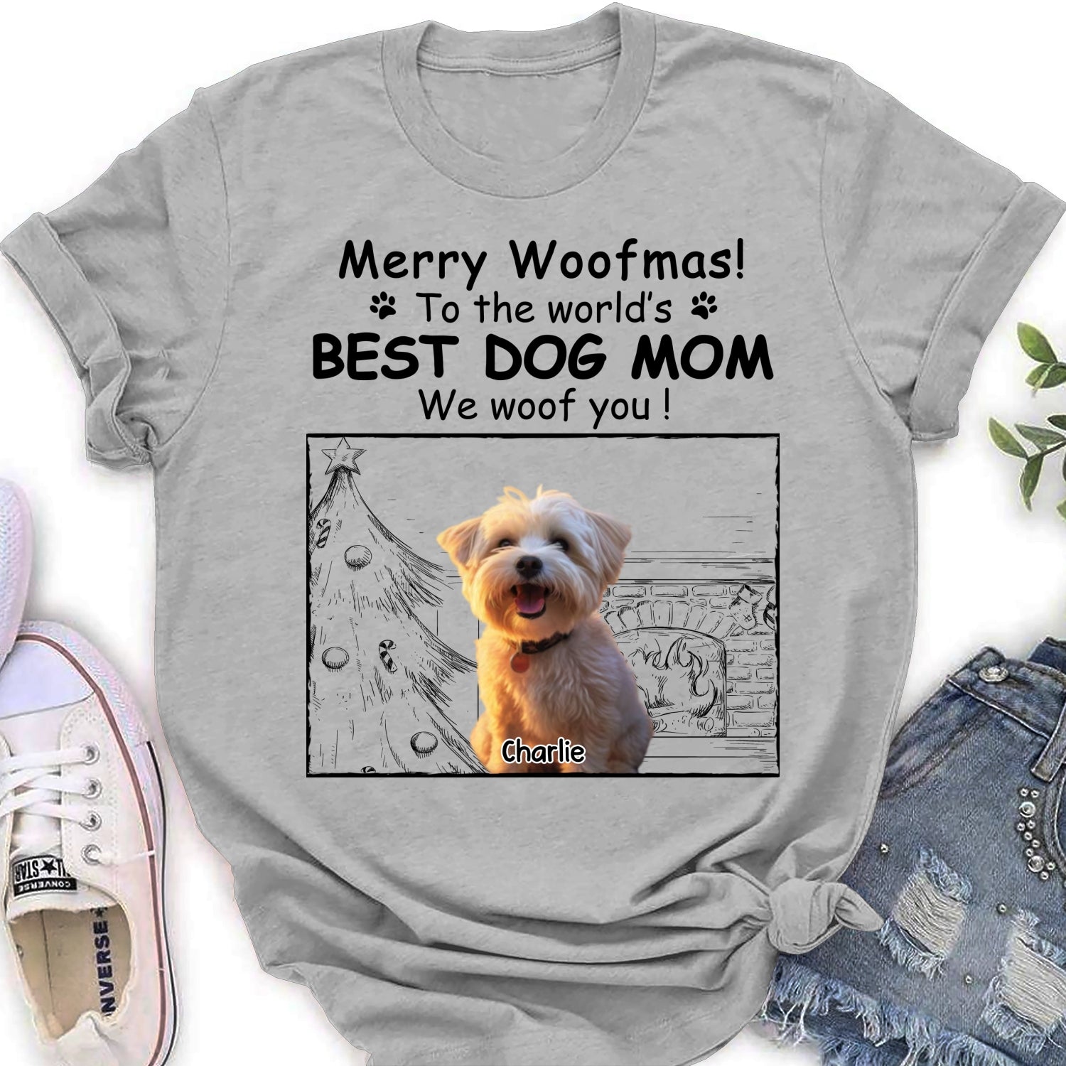 Customizable Christmas Photo Women's T-shirt - Ideal for Dog Moms