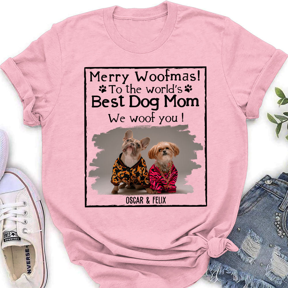 Customizable Woof Dog Dad Mom Christmas Photo Personalized Women's T-Shirt