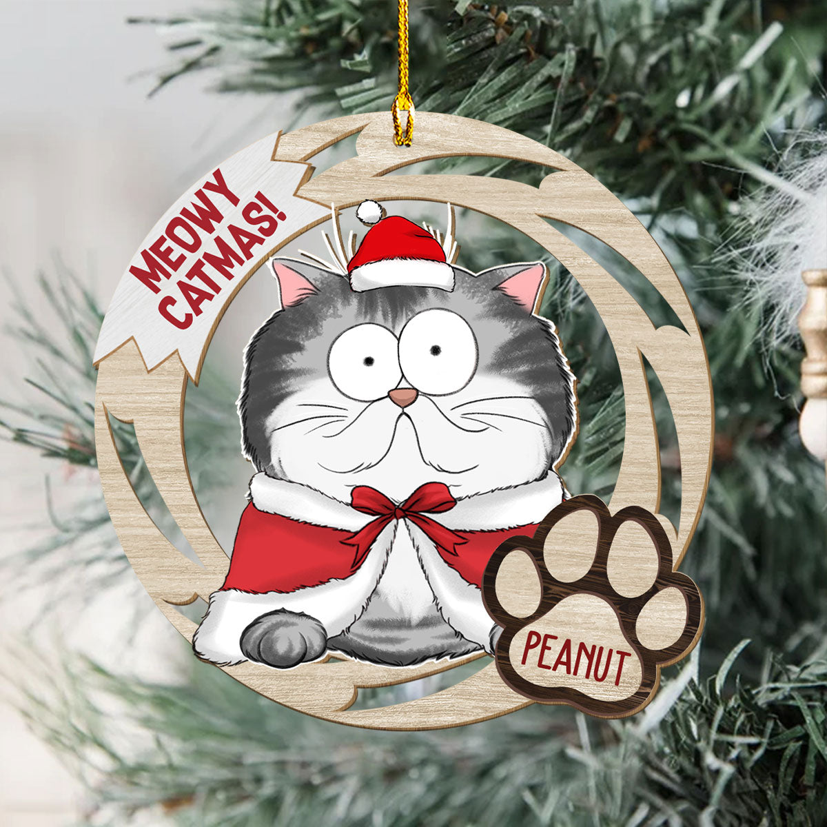 Meowy Catmas - Customizable Single - Layered Personalized Wood Christmas Ornament