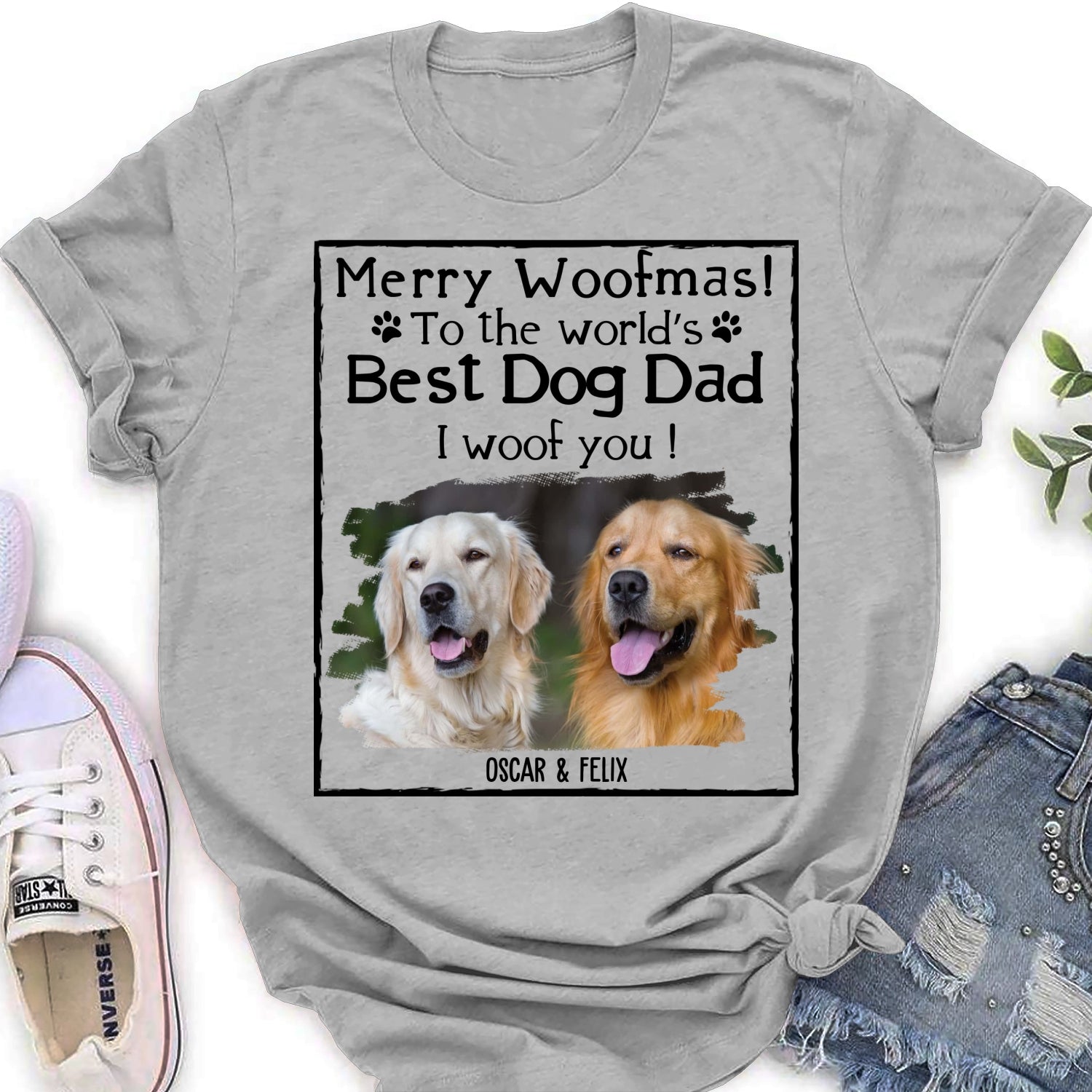 Customizable Woof Dog Dad Mom Christmas Photo Personalized Women's T-Shirt