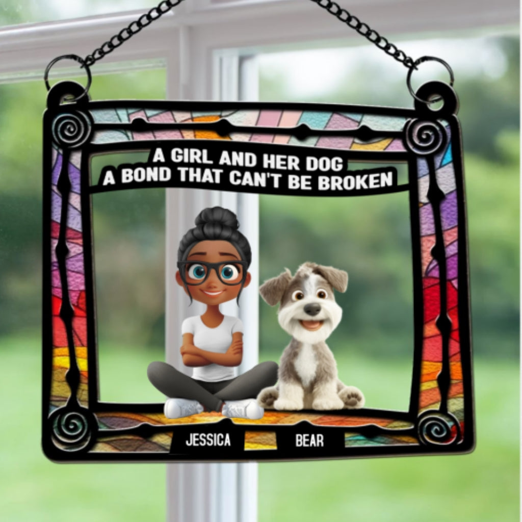 Personalized Dog And Girl Sitting In Frame Suncatcher - Ideal Home Decor & Gift