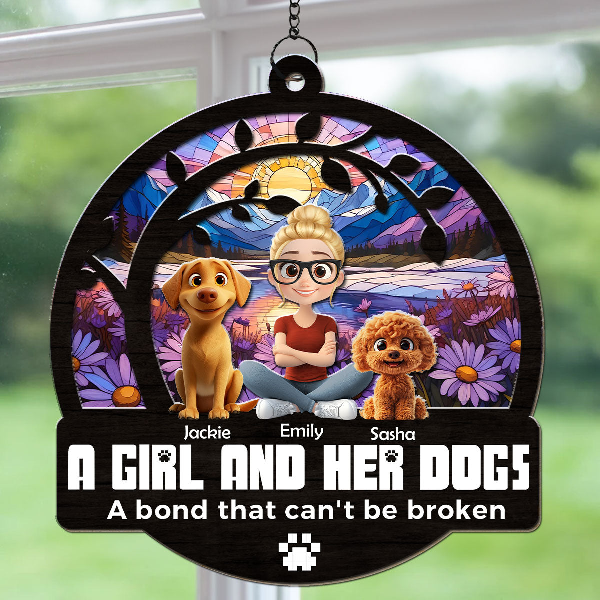 Personalized Custom Suncatcher: A Girl and Her Adorable Dogs