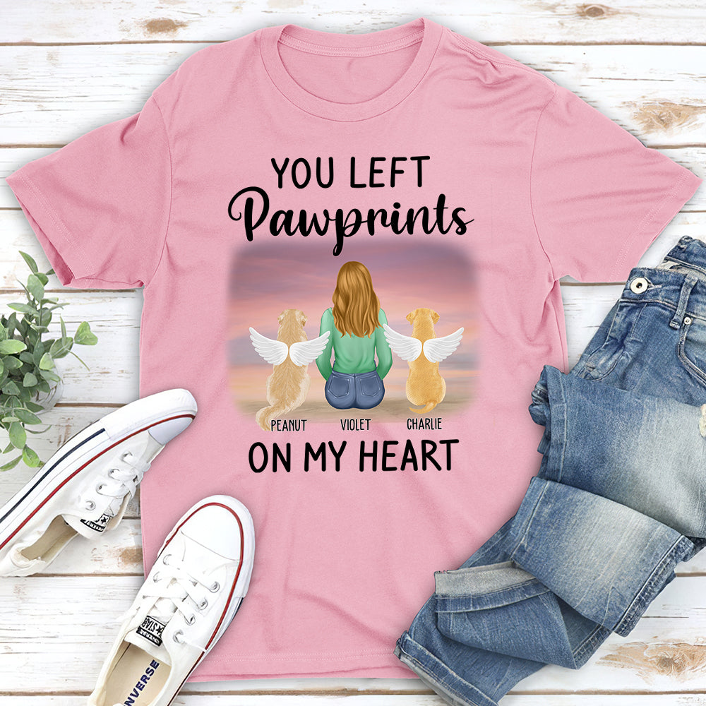 Personalized Left Pawprints on My Heart Unisex Memorial T - shirt for Pet Lovers