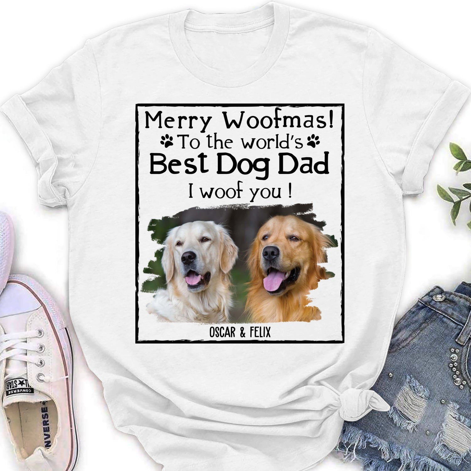 Customizable Woof Dog Dad Mom Christmas Photo Personalized Women's T-Shirt