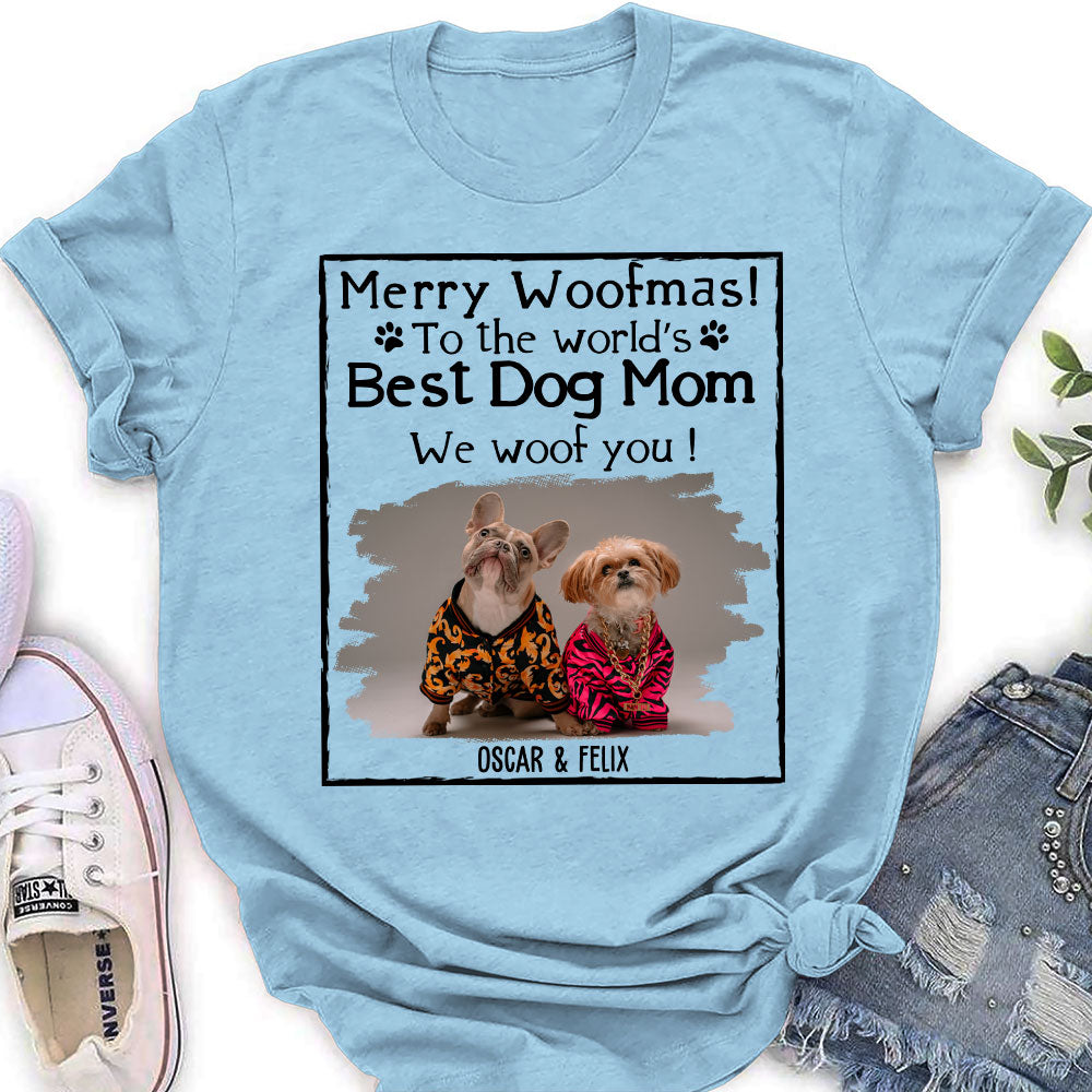 Customizable Woof Dog Dad Mom Christmas Photo Personalized Women's T-Shirt