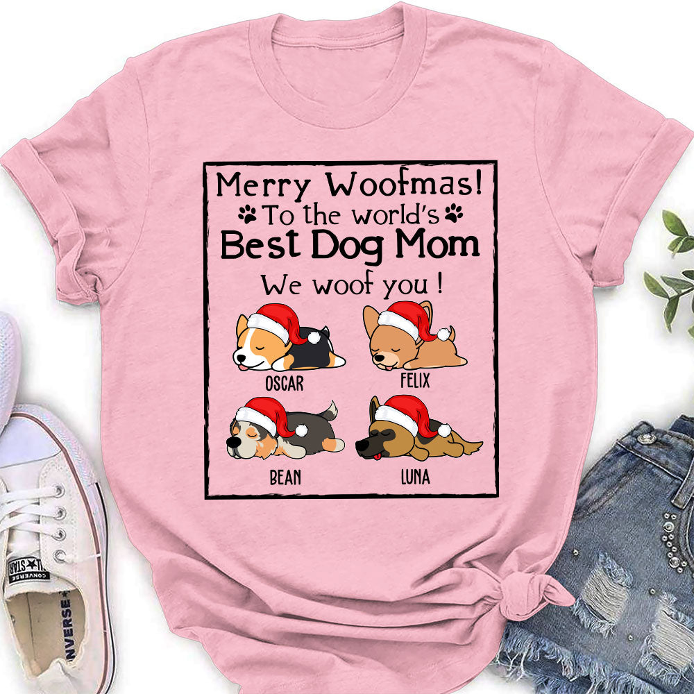 Personalized Christmas Woof Dog Mom and Dad Women's T-shirt - Ideal Gift for Pet Lovers
