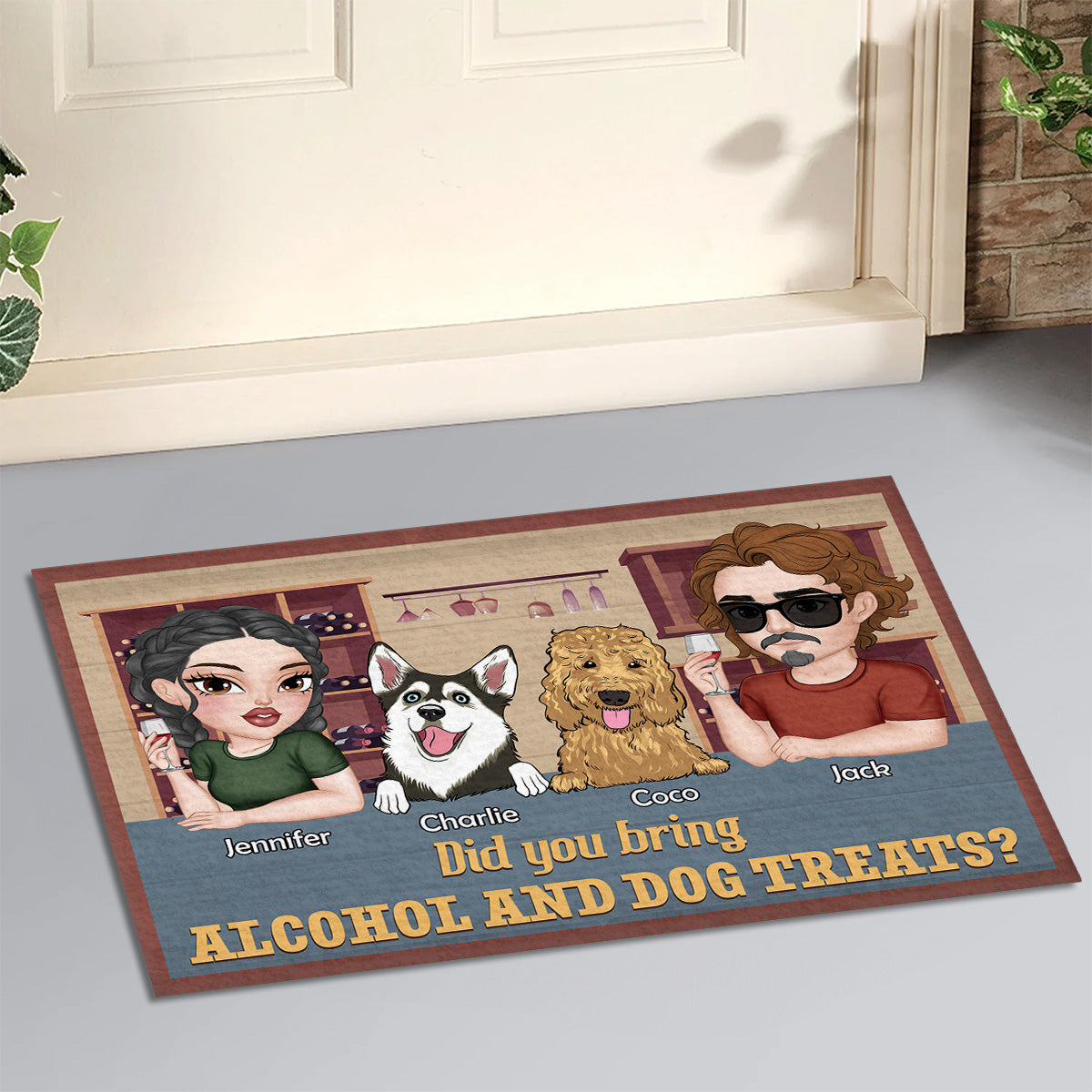 Personalized Custom Doormat: A Warm Welcome for Pet Lovers with Alcohol and Dog Treats Message