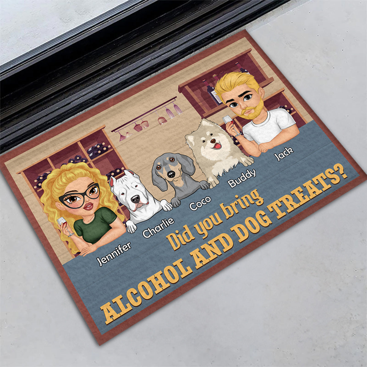 Personalized Custom Doormat: A Warm Welcome for Pet Lovers with Alcohol and Dog Treats Message