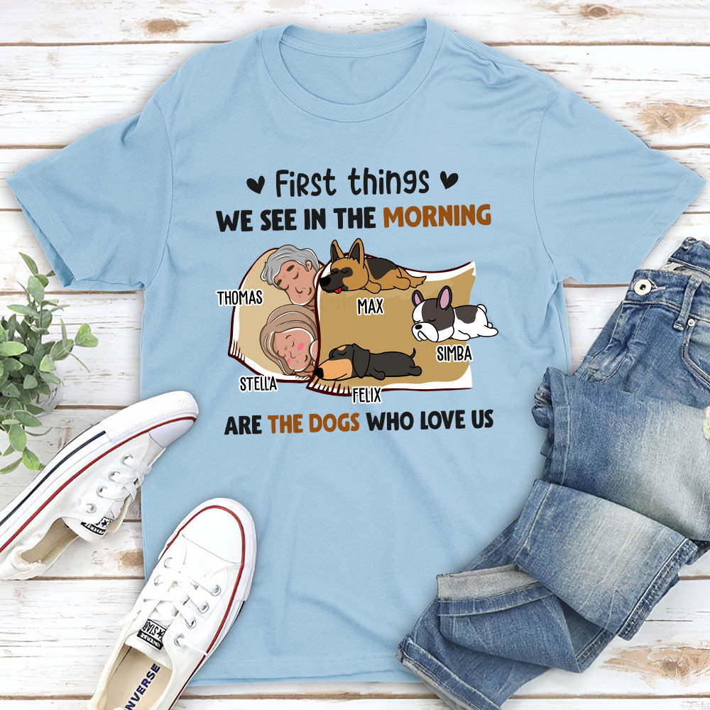Personalized Unisex Morning First Thing Couple T-shirts - Ideal Gift for Pet Lovers