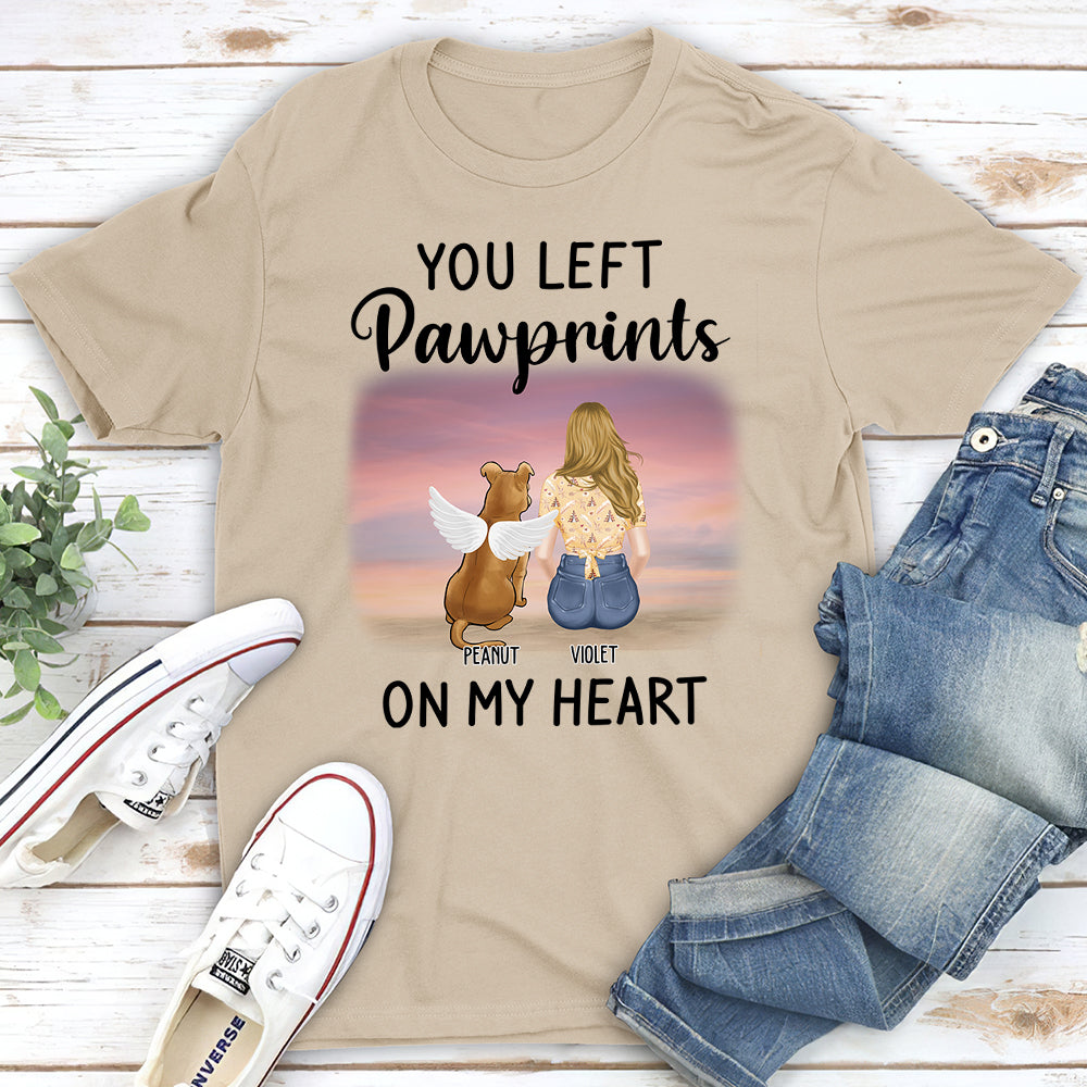 Personalized Left Pawprints on My Heart Unisex Memorial T - shirt for Pet Lovers