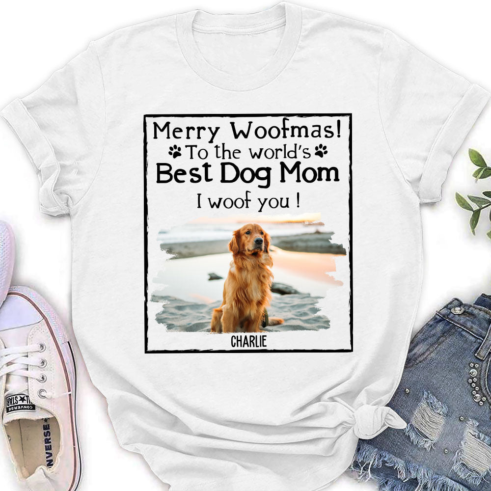 Customizable Woof Dog Dad Mom Christmas Photo Personalized Women's T-Shirt