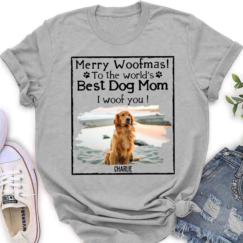 Customizable Woof Dog Dad Mom Christmas Photo Personalized Women's T-Shirt