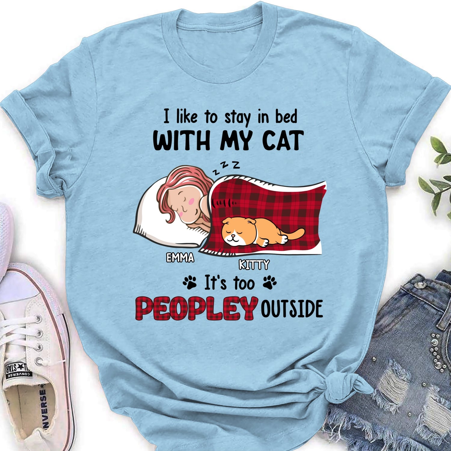 Personalized Custom Women's 'Like To Stay In Bed Cat' T-shirt - Ideal Gift for Pet Lovers