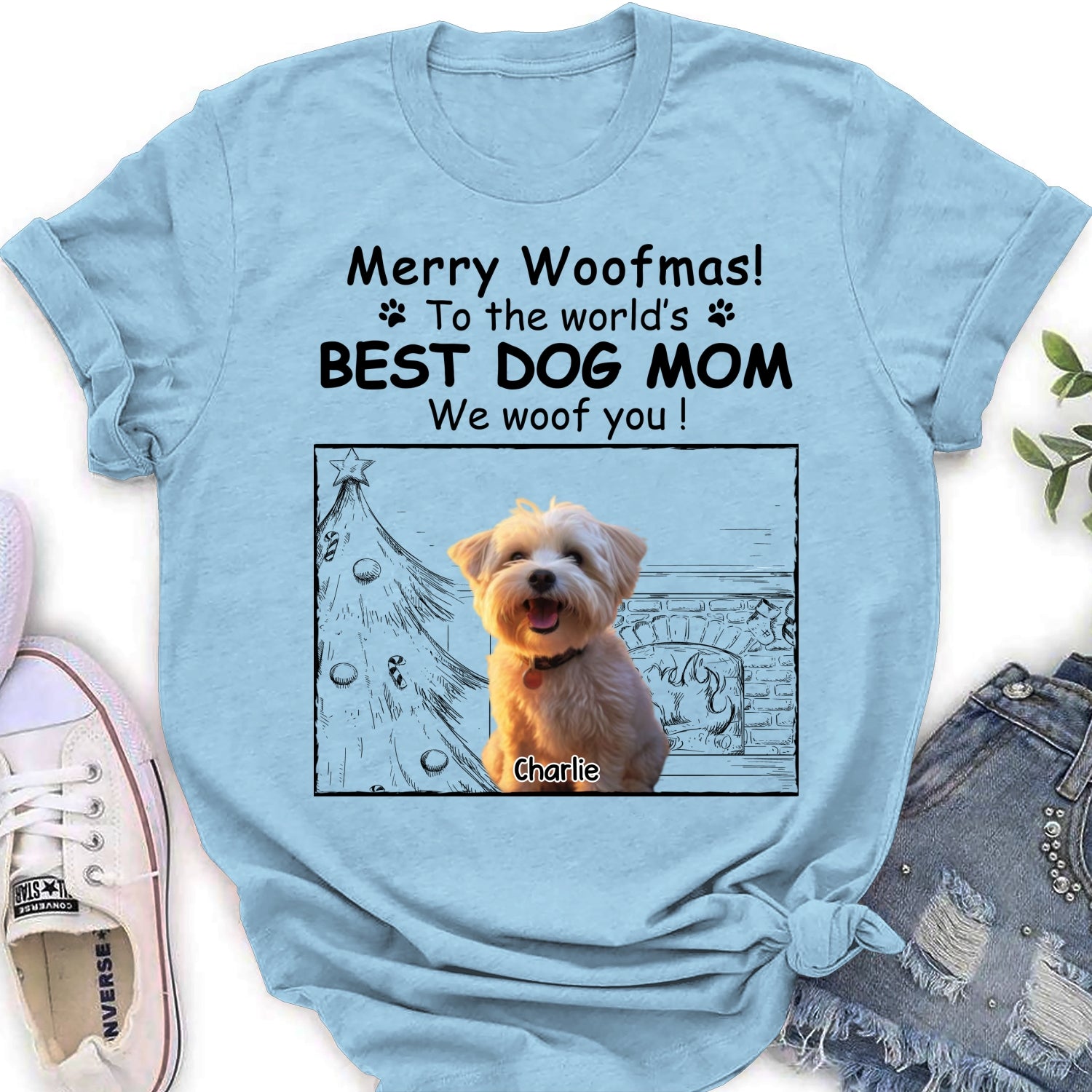 Customizable Christmas Photo Women's T-shirt - Ideal for Dog Moms