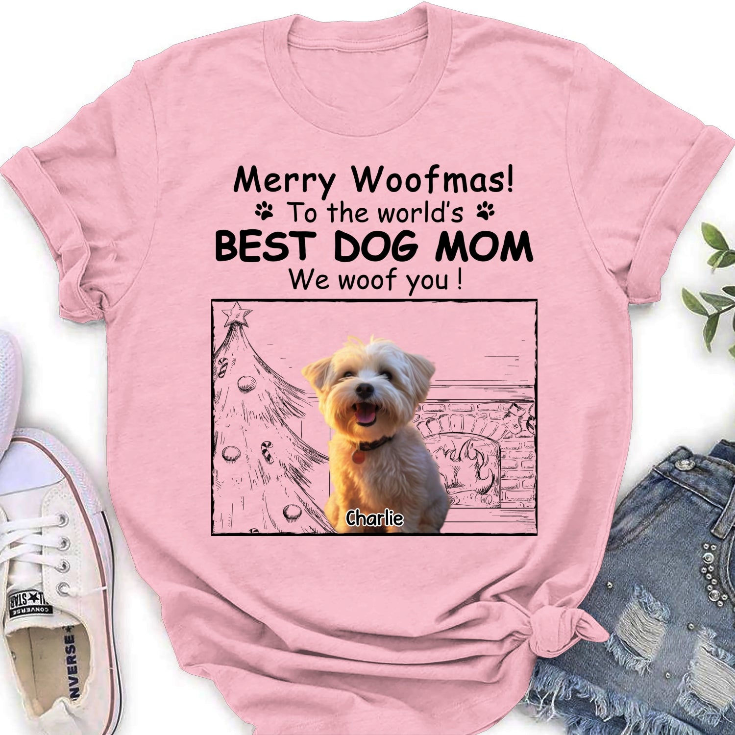 Customizable Christmas Photo Women's T-shirt - Ideal for Dog Moms