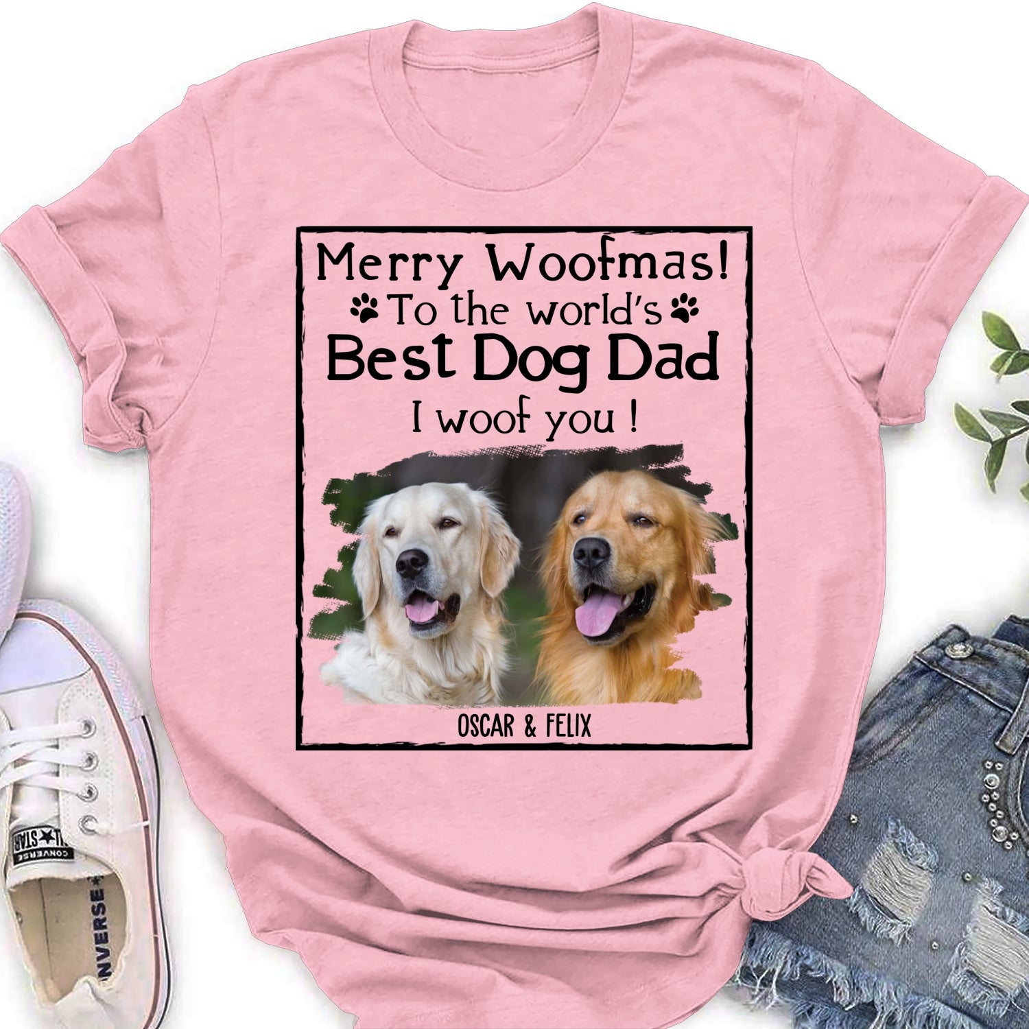 Customizable Woof Dog Dad Mom Christmas Photo Personalized Women's T-Shirt