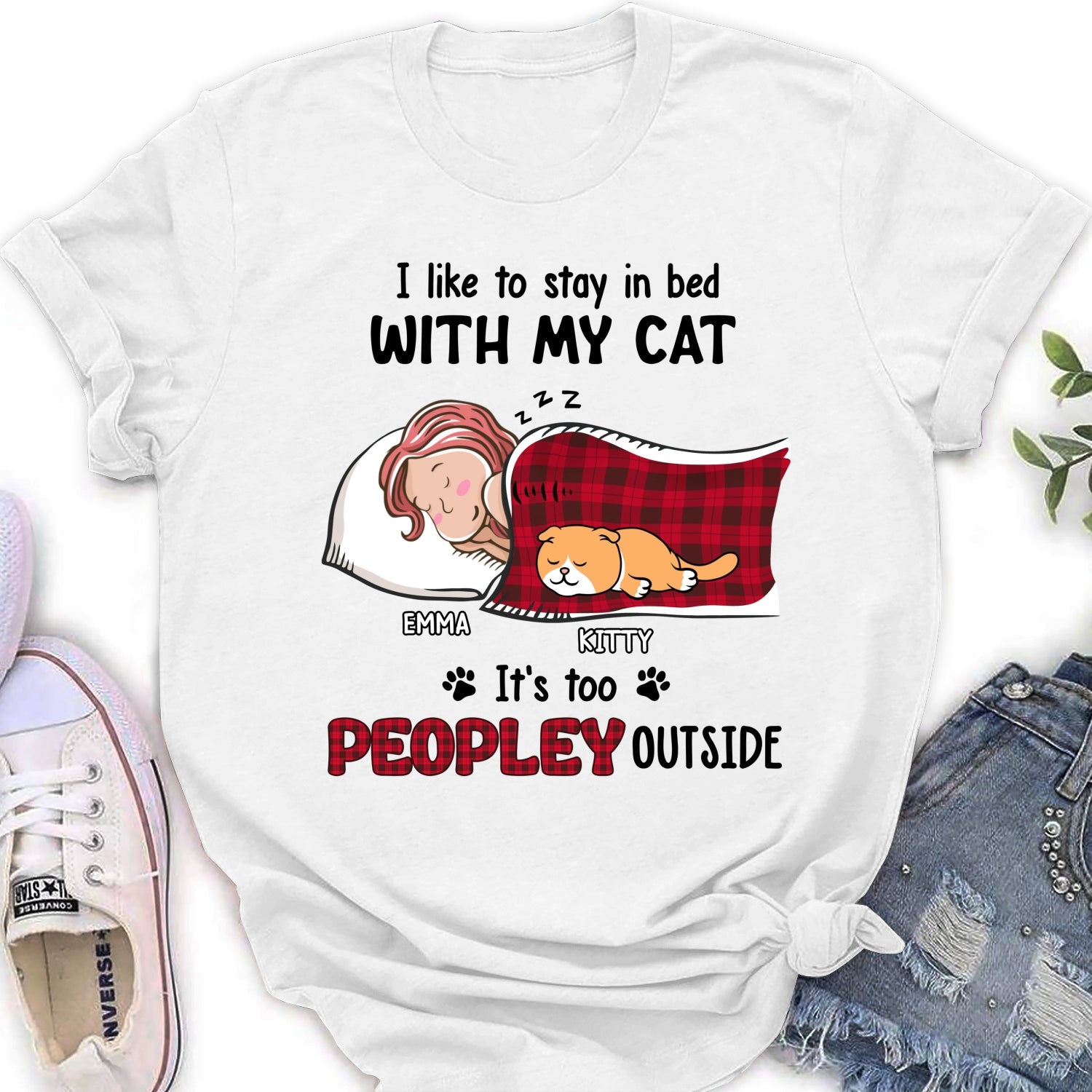 Personalized Custom Women's 'Like To Stay In Bed Cat' T-shirt - Ideal Gift for Pet Lovers