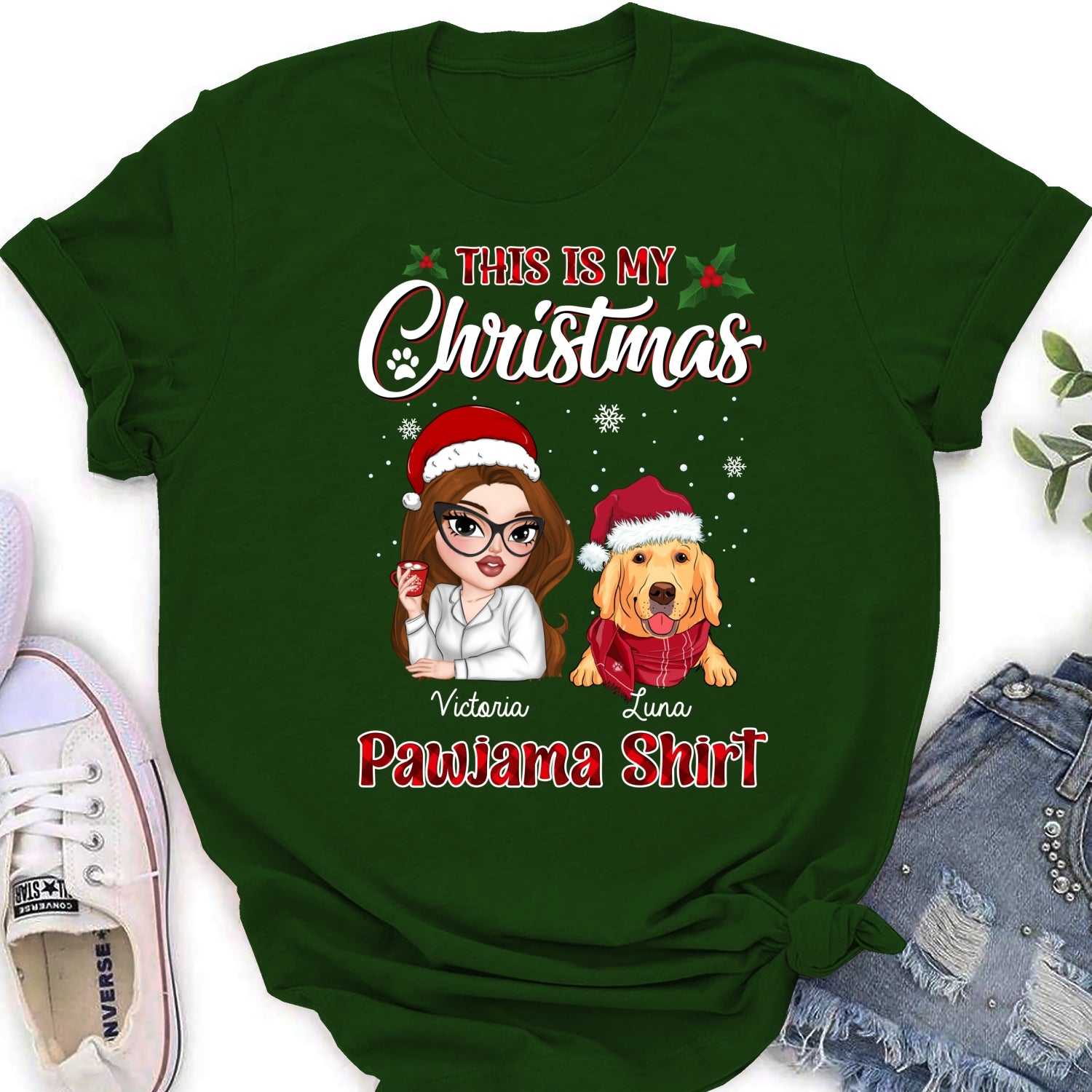 Personalized Christmas Pawjama Women's T-shirt - Ideal Gift for Pet Lovers