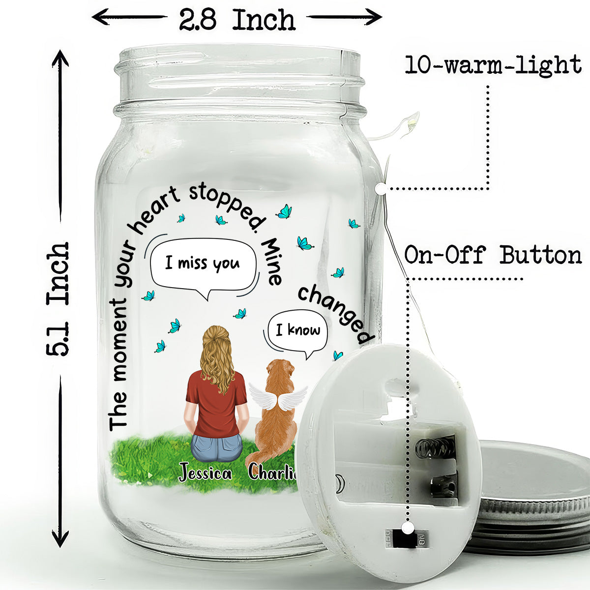 Pet Heart - Customizable Personalized Mason Jar Night Light