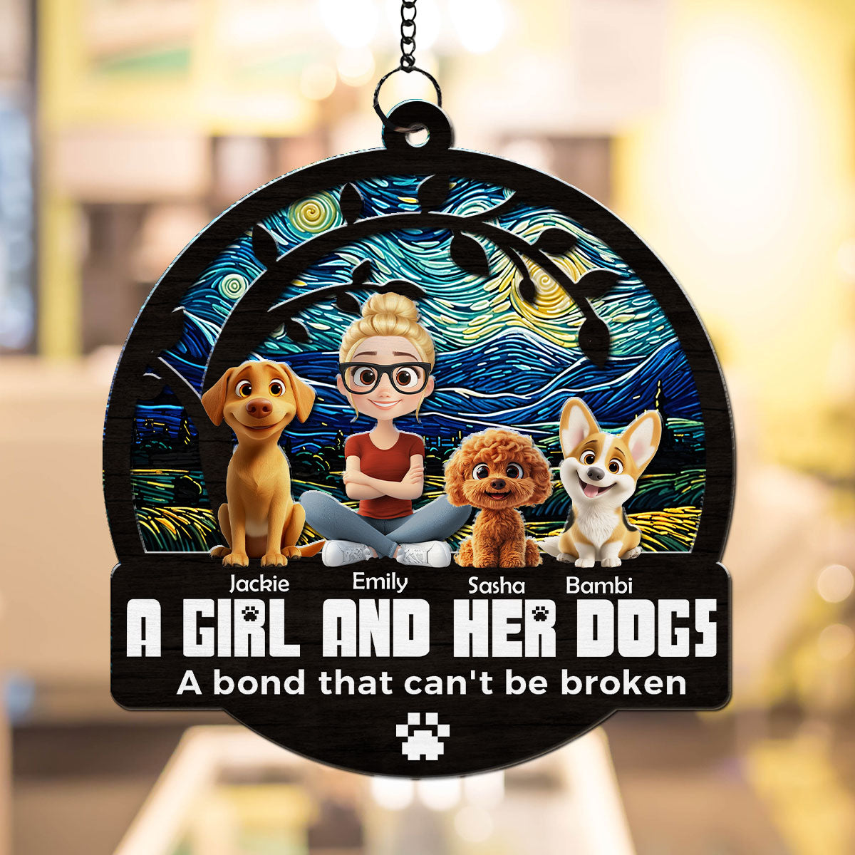 Personalized Custom Suncatcher: A Girl and Her Adorable Dogs