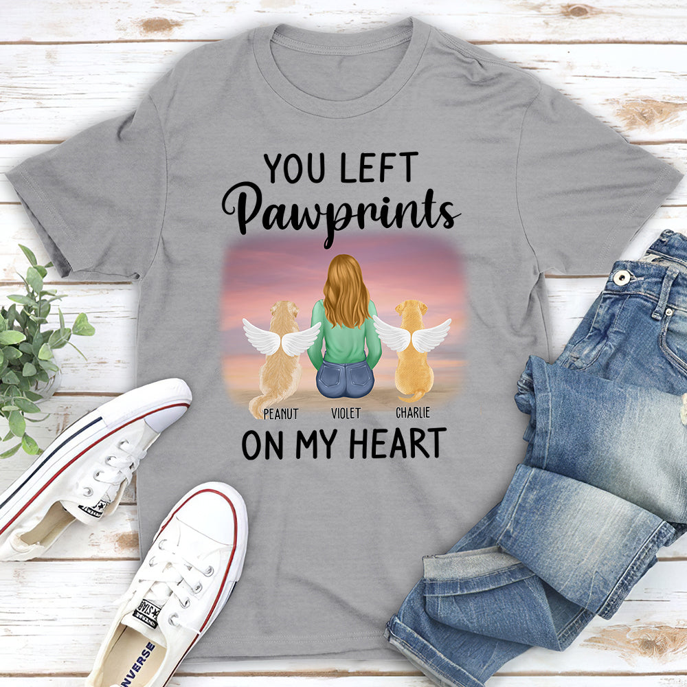 Personalized Left Pawprints on My Heart Unisex Memorial T - shirt for Pet Lovers